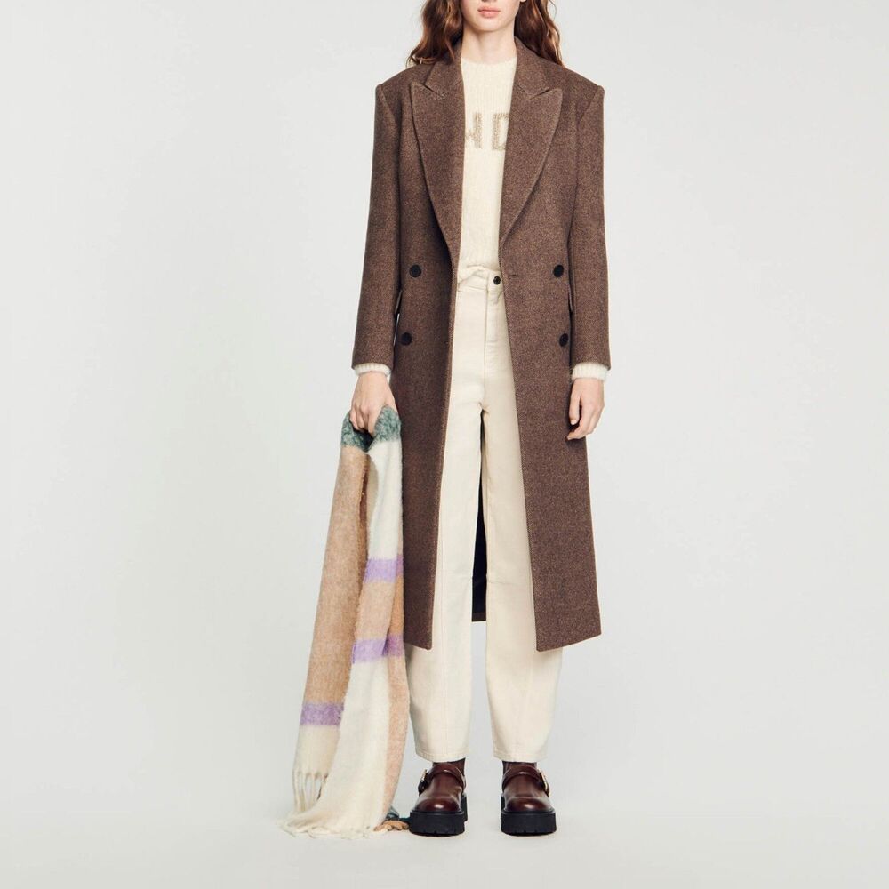SANDRO Wool Blend Long Buttoned Coat Brown Sz 34 (US 2)